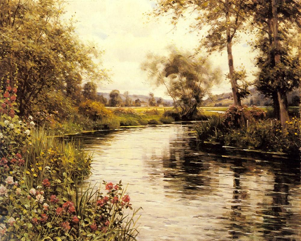Louis Aston Knight Flowers in Bloom by a River